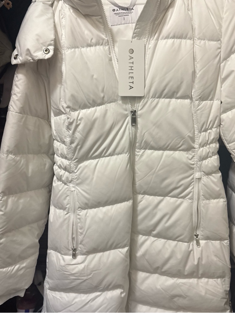 Athleta White Quilted Long Puffer Coat with Hood